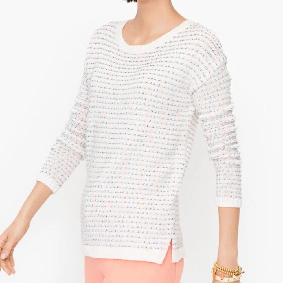 Talbots Open Stitch Sweater Womens Small Boxy Fit Oversize White Blue Pink